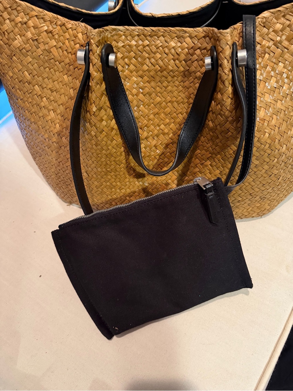 AllSaints Woven Straw Tote in Natural Tan with Black Handles - Picture 3 of 6